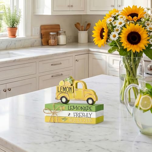 Smile Wooden Summer Indoor Decorations, Mini Tiered Tray Decor with Sunflower and Twine, Rustic Wooden Decorative Books Stack with Wood Truck Sign for Home Kitchen Shelf Tabletop - style: Summer Truck
