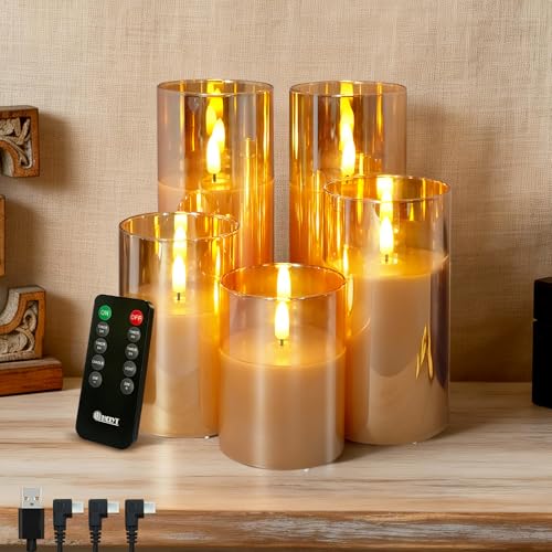 Rechargeable Flameless Candles, Realistic Flickering LED Flameless Candles Real Wax Candle with Remote Control and Timer, Gold Glass Electronic Candle, 1 Set of 5（Gold） - color: Rechargeable-Copper wire