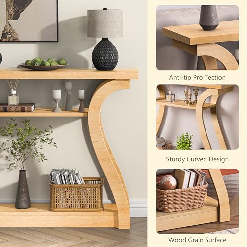 Wooden Console Table with Curved Legs and Shelf, 3-Tier Modern Accent Narrow Sofa Table for Entrance Area, Living Room, Hallway, 47 in Wide Wood Console Table for Entryway (Nature) - color: Nature