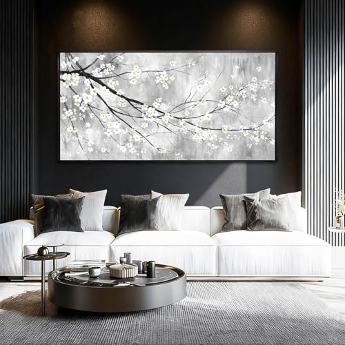 WINKAILIN Large 29"x58" White Black and Gold Plum Blossom Canvas Black Frame Wall Art Minimalist Flower Poster Decorative Artwork for Living Room Bedroom Office Kitchen Walls - color: Black and White, size: 58"L x 29"W