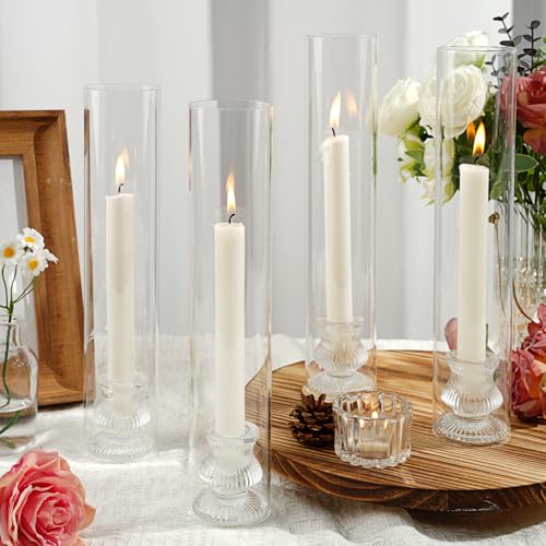 Hurricane Glass Candle Holders 4Pcs Fluted Candlestick Holders for Taper Candles with Cylinder Covers Crystal Candle Sticks Holder Decor for Wedding Birthday Christmas Table Decoration - size: stripe