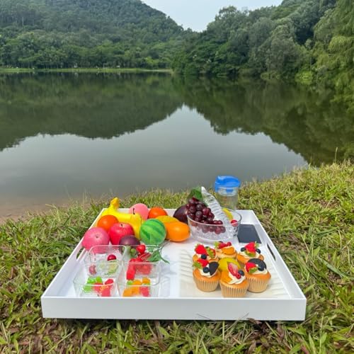 White Modern Acrylic Ottoman Tray with Cutout Handles 22x22 Inch Over-Sized Serving Tray Rubber Boot Tray Organizer Decorative Tray for Living Room, Bedroom,Bathroom and Kitchen Tabletop - color: White, size: 22" x 22" x 2"