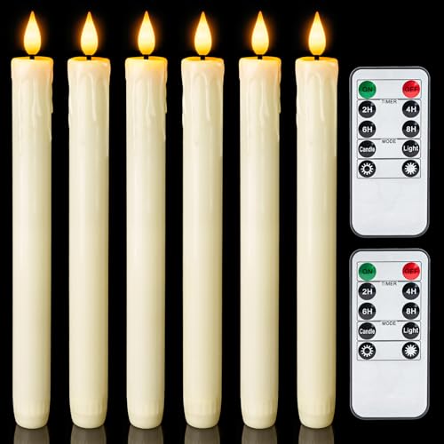 Homemory Real Wax LED Flameless Taper Candles with Remote Timer, 9.6 Inches Ivory Fake Candlesticks, Dripless Battery Operated Window Candle with 3D Flickering Flame for Fireplace Xmas Halloween - style: Farmhouse - Ivory 9.6"