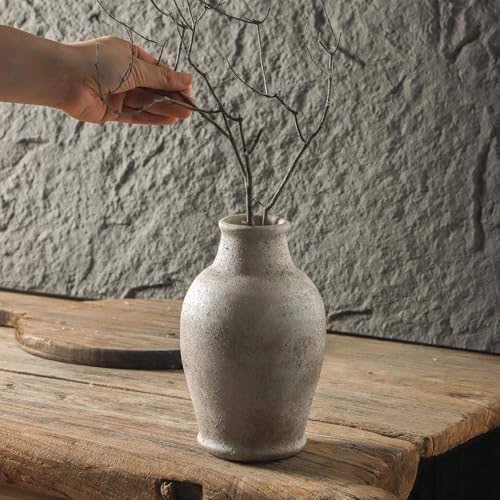 Handmade Rustic-Style Ceramic Decorative vase, Dimensions 8.3 x 5.5 inches, Featuring Distressed Gray and Terracotta hues, Suitable for Rustic, Country, and Various Decor Styles.