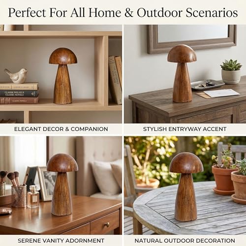 Solid Teak Wood Mushroom Decor, Handmade Wooden Sculpture Rustic Boho Tabletop Accent, Natural Wood Grain Home Decoration Figurine for Living Room, Shelf, Coffee Table Indoor Decor