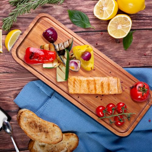 Wooden Serving Platters Long Charcuterie Boards Acacia Wood Decorative Trays for Home Decor Cheese Board Snack Appetizer Plates Kitchen Dinner Tray for Food Dish Rectangle Cake Dessert Platter - size: 14" × 5.5" × 0.6"