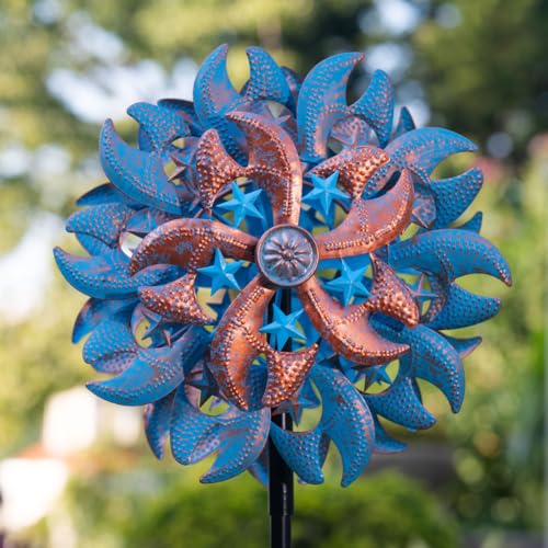 Wind Spinner Outdoor,Blue Copper Kinetic Metal Wind Spinner for Yard,Rustproof＆Waterproof Wind Sculpture,Metal Pinwheels for Yard Lawn Yard Art Outdoor Decor 13 * 66.2 inches - size: 13‘’Blue Copper with Star