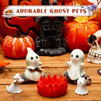 Glow-in-The-Dark Ghost Campfire Gathering, Cute & Cozy Halloween Ghost Figurine Set | 2 Ghosts, Ghost Dog, Ghost Cat and Tea Light Holder | Resin Ghost Statue for Home, Mantel, Shelf, Desk