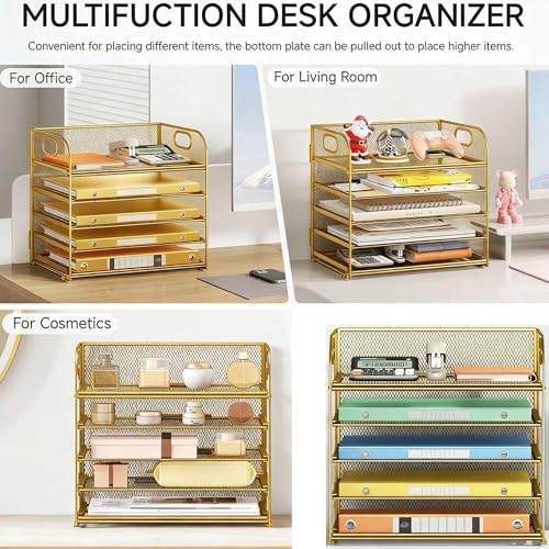 Lavatino Desk Paper Organizer Trays, Gold 5-Tier Mesh File Folder Sorter with Handles, Letter Holder Organizer for Office, Home, School Supplies Storage & Organization - color: 5 Tier - Gold, size: 12.6" x 9.1" x 11.5"