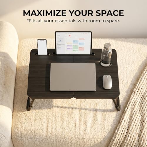BUYIFY Foldable Laptop Bed Desk for Couch, Sofa - Large Lap Desk Tray Table with Cup Holder and Tablet Slot - Portable Notebook Stand for Eating, Writing, Studying and WFH -NEW-006 - color: Deep Black