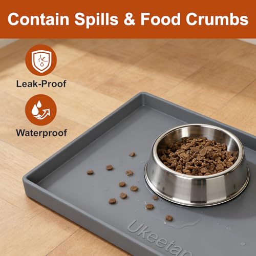 ukeetap Extra Thick Silicone Mat Waterproof with Raised Edge 19” x 12”, BPA Free Non-Slip Dog & Cat Food Mat, Feeding Mat for Food and Water Bowls, Spill Proof Mat to Protect Floors, Gray - color: Gray, size: 19" x 12"