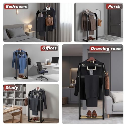 Suit Valet Stand for Men, Wood Mens Valet Stand with Base, Contour Hanger, Tray, Trouser Bar and Tie Bar, Clothes Valet Stand for Bedroom Entryway Home Living Room Office (Black) - color: Black