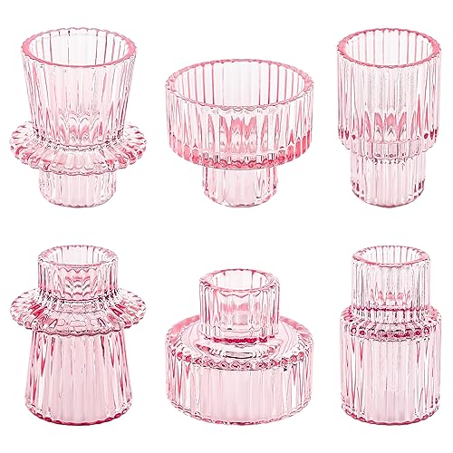 Taper Votive Candle Holder for Pillar Candles Tealight, Candlestick Holder for Wedding Christmas Tea Party, Boho Ribbed Vintage Crystal Glass Table Centerpiece Decor, Bulk Set of 6 (Pink) - color: Pink