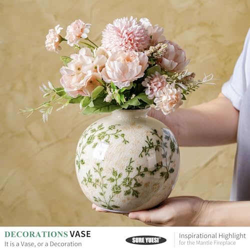 Ceramic Flower Vase | Farmhouse Green Rustic Vase for Home Decor, Vintage Floral Pottery Tuscan Round Vase for Living Room & Kitchen, Mantel & Bookshelf, Centerpieces, Entryway, Wedding(5.9 Inch) - color: 13-green and Beige