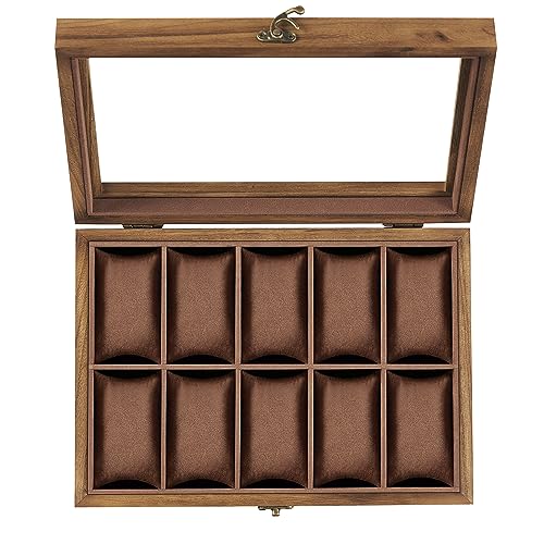SONGMICS 10-Slot Watch Box, Watch Display Case with Large Glass Lid, Removable Watch Pillows, Velvet Lining, Gift Idea, Rustic Walnut UJOW100K01 - color: Rustic Walnut, size: 1 Layer 10 Slot