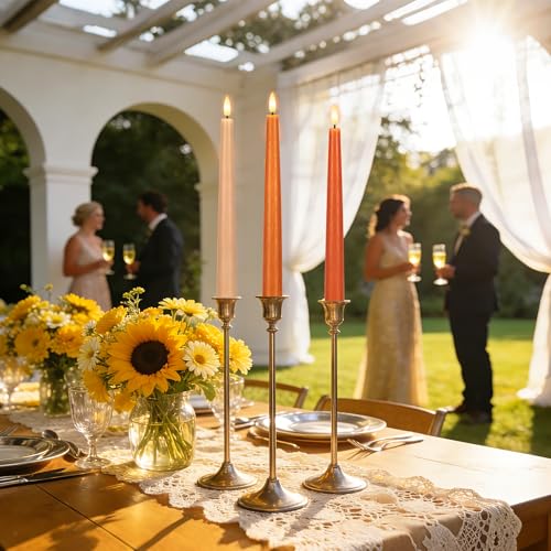 Flameless Taper Candles with Remote, 9.6" Battery Operated Flickering LED Candlesticks, Real Wax Warm Earth Tone Taper Candles for Wedding Centerpieces, Dinner Table, Mantel, Window, 3 Pack - color: Gradient Orange