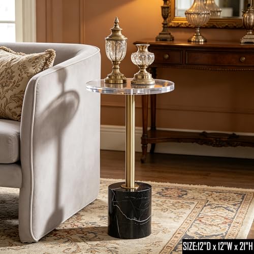 LIKENOW Furniture Acrylic Side Table,Clear Small Round End Table for Living Room,Bedroom,Office | Modern Nightstand with Marble Base,Gold Post,Clear Top for Drink,Food,Snack,Assembly(Black) - color: Black