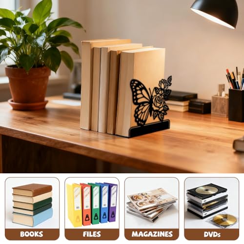 Peacoblue Metal Bookends for Shelves, Modern Decorative Heavy Duty Study Book Ends Stoppers for Office, Desk, Shelf, Room 5.3"x4.3"x5.7" Cast Iron Simple Tall Bookends 1 Pair (Butterfly with Roses) - style: Butterfly with Roses