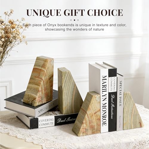 Koville Onyx Bookends, Marble Bookends for Shelves, Natural Stone Book Ends for Heavy Books, Decorative Bookends for Bookshelf Table Home Decor, Heavy Duty bookend for Large Books(Green) - color: Green Onyx