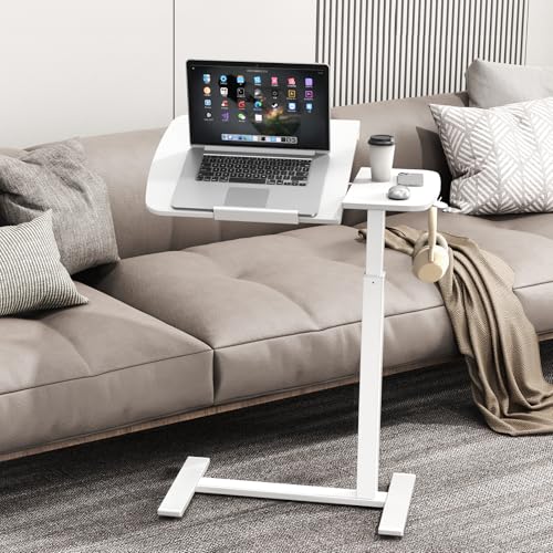 Overbed Bedside Table with Wheels,Tiltable Hospital Bed Table, Pneumatic Adjustable Overbed Table, Rolling Laptop Desk, Mobile Standing Desk for Bed, Couch, or Hospital Use - color: White