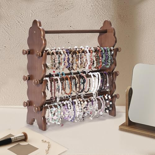 Two-Sided Wooden Jewelry Bracelet Holder Display Stand with 6 Removable Holders - 3 Tier Bar Bangle Organizer Perfect for Organizing and Showcasing Bracelets, Watches, and Accessories - style: 6 Tier-Brown