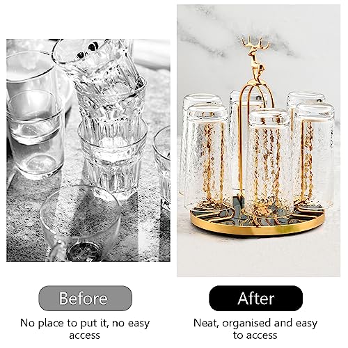 Rotating Bottle Drying Rack, Light Luxury Non-Slip Glass Cup Drying Holder, Elk Design Mug Organizer Stand with 6 Silicone Protective Hooks for Home, Office, Kitchen