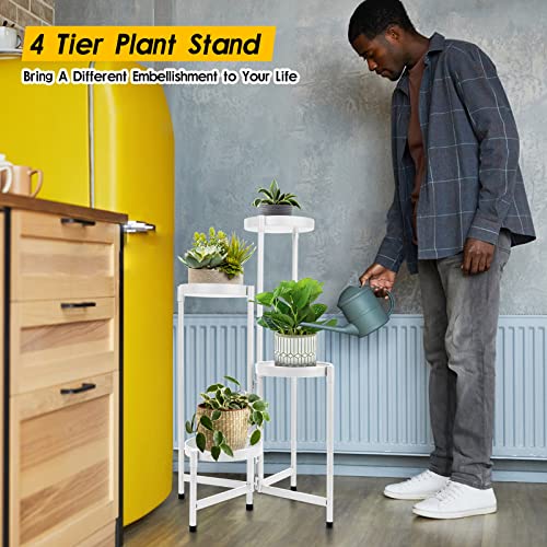 4 Tier Plant Stand Indoor Outdoor, 31 Inch Tall Metal Plant Shelf Waterproof, Plant Holder with Folding Design For Home, Living Room, White - color: White