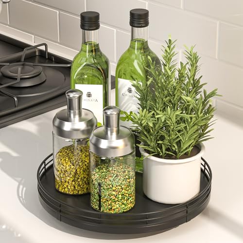 9" Oak Wood Lazy Susan Turntable Organizer, Lazy Susan for Cabinet Dining Table Pantry Wood Rotating Tray for Kitchen Countertop Coffee Table Decor Spinning Spice Can Organization and Storage Black - color: Black, size: 9