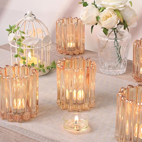 HAVITI 6 Pcs Votive Candle Holder, Gold Glass Large Candle Holders, Tealight Candle Holder for Fall Wedding Centerpieces Dinner Party Table Decor - color: Gold