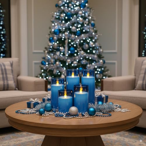 Homemory Blue Flickering Flameless Candles, Battery Operated Acrylic LED Pillar Candles with Remote Control and Timer, Blue Decor, Set of 5 - color: Blue