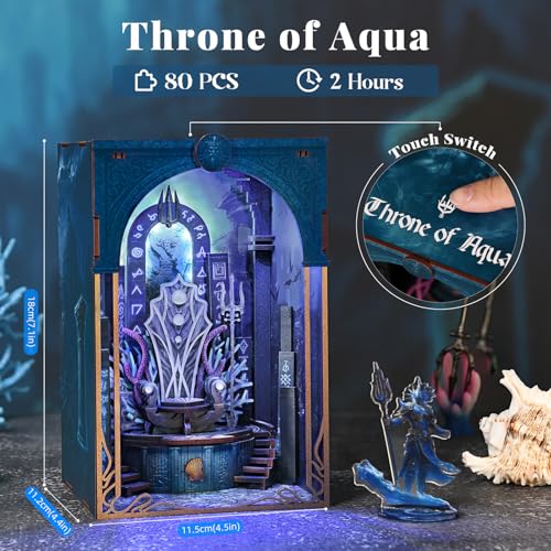 CCCDF Throne of Aqua DIY Book Nook Kit, Wooden Bookend with LED Light, 80 PCS Easy Miniature Dollhouse, Bookshelf Insert Decor with Bonus Ornament, Creative Craft Gift for Adults Teens - style: Throne of Aqua