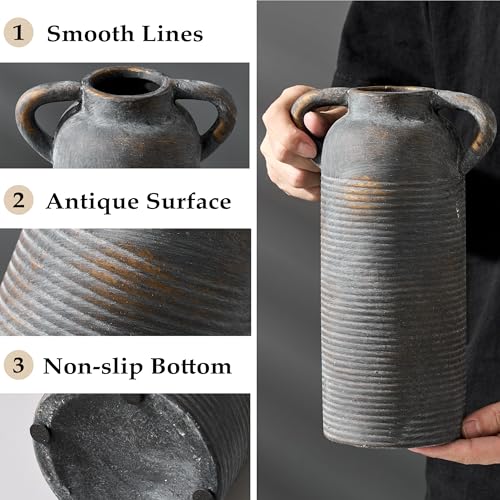 10.16" Tall Ceramic Rustic Vase for Home Decor, Terracotta Vase with Handles, Handcrafted Vintage Decorative Flower Vase for Farmhouse, Living Room, Table, Fireplace, Nightstand- Black Bronze - color: Black Bronze- 10.16"