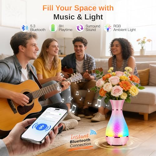 3-in-1 Vase Bluetooth Speaker With Ambient Light & White Noise, 8H Playtime, Water-Safe Flower Vase for Bedroom, Living Room Decor, Mother's Day,Birthday Gift for Women, Mom, Wife or Girlfriend - color: Pink