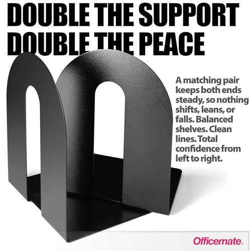 Officemate Heavy Weighted Bookends, Sturdy Office & Home Shelf Organizers, Set of 2 Black Metal Book Supports (93182) - size: Letter