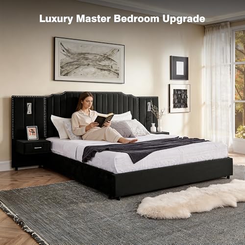 Luxury Queen Size Bed Frame with LED Lights and Nightstands, Modern Velvet Upholstered Platform Bed Frame with Oversized Headboard, Buttons Around, No Box Spring Needed, Black | Breathable material - color: Black-velvet, size: Queen