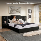 Luxury Queen Size Bed Frame with LED Lights and Nightstands, Modern Velvet Upholstered Platform Bed Frame with Oversized Headboard, Buttons Around, No Box Spring Needed, Black | Breathable material - color: Black-velvet, size: Queen