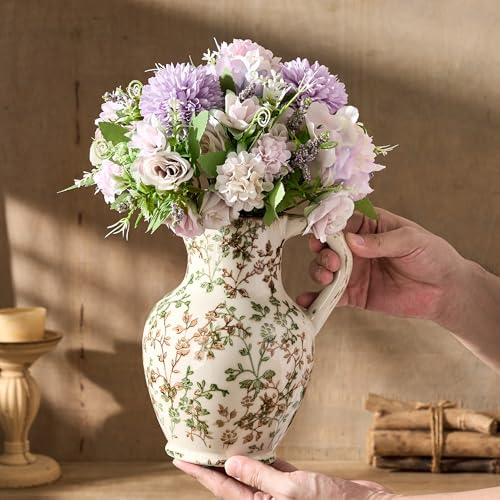 SIDUCAL Ceramic Vase with Handle, Vintage Vase, Chinoiserie Floral Vase for Home Decor, Table, Living Room, Shelf, Christmas Decoration (Green and Beige) - color: Green and Beige