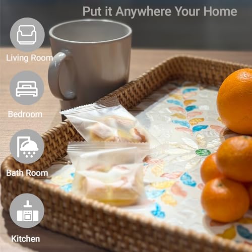 Mother of Pearl Inlay Rattan Serving Tray with Wooden Base Handmade Wicker Platter for Coffee Table Decor Coastal Home Decor Boho Style Food Display or Gift-Rectangle