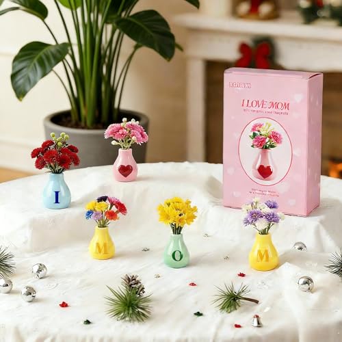 Renmxj 5 Pcs Mini Fridge Magnets, Cute Mini Ceramic Vase with Artificial Flowers, Tiny Pots Plant Vase for Kitchen Refrigerator Office Locker Decor, for Mom - color: 5 Pack I Love Mom