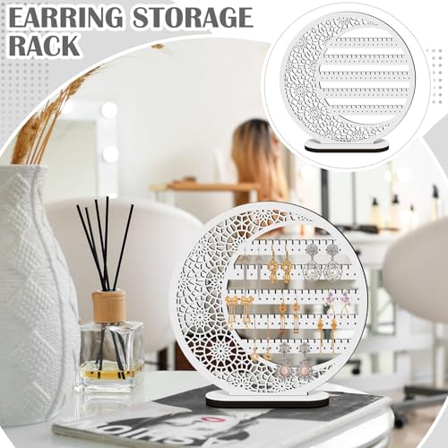 Kathfly Large Boho Moon Wooden Earring Display Organizer Stand Gift 10 Inch Floral Goth Earrings Stud Jewelry Holder Dangle Hanging Holder Gift for Women(White) - color: White