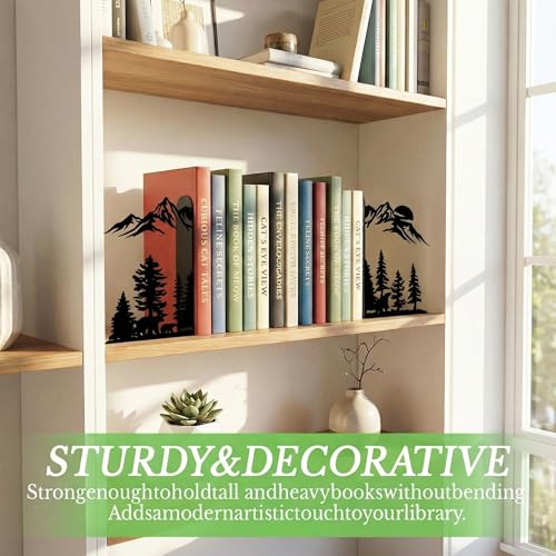 Sanwarm Metal Bookends Mountain Woodland Nature Book Ends Decorative Bookend for Home Office Desk Book Shelves Decor, Gift for Reading Enthusiasts Non-Skid Book Stoppers Holder (Black 1 Pair) - color: Mountain