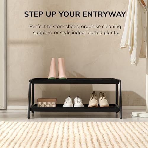 Anji Mountain Heavy Duty Waterproof Wooden Shoe Storage Mat Organizer/Boot Storage Tray Multi Use for Entryway with Coir, Tan and Black Insert, 2 Tier, Fits 6 Pair (36.5" Wide) - color: Tan and Black, size: 2 Tier, Fits 6 Pair, style: Tan and Black