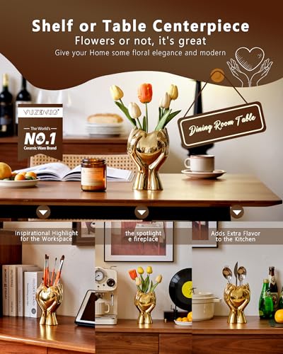 8" Heart Hand Gold Ceramic Vase - Unique Modern Aesthetic Flowers Vase for Living Room Bedroom Office Kitchen Table Centerpiece or Shelf Decor-Gifts for Wedding Bridal Shower Women Mom (Gold) - color: Gold