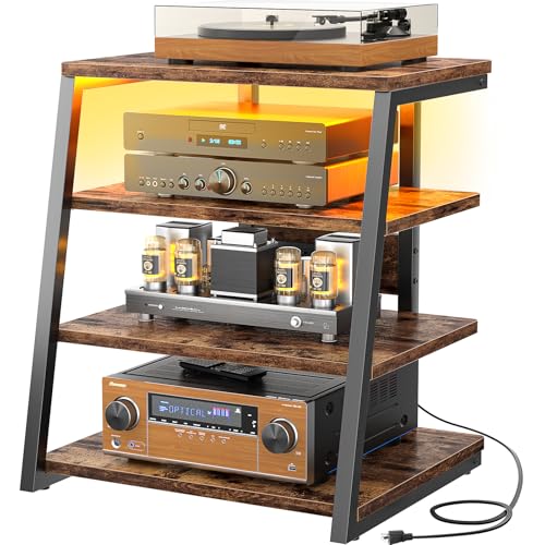 Armocity 4-Tier AV Media Stand with Power Strips, Stereo Stand with LED Lights, Audio Tower Rack with Adjustable Shelves, Small Entertainment Center, 30'', Rustic Brown - color: Rustic Brown, size: 30" (H)