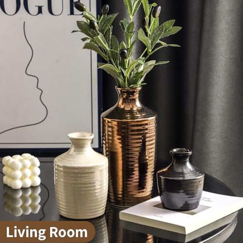 Set of 3 Ceramic Vases for Home Decor - Metallic Color Modern Handcrafted Flower Vases for Living Room, Kitchen, Bedroom, Bathroom and Office - Decorative Vase - Table Centerpieces for Home Decor