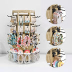 Ikee Design Free Assemble Wood Hexagon Rotating Jewelry Display Stand, 60 Removable Metal Hooks, Keychain Display Stand, Jewelry Organizer, Earring Bracelet Organizer, Oak Color, 8.3W x7.2D x 16.2H in - color: 6 side, Oak, 60 hooks
