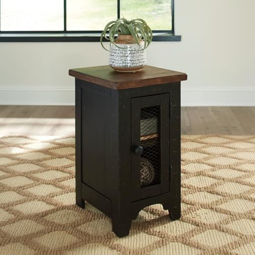 Signature Design by Ashley Valebeck Rustic Farmhouse Chair Side End Table with Cabinet Door, Distressed Black - color: Black
