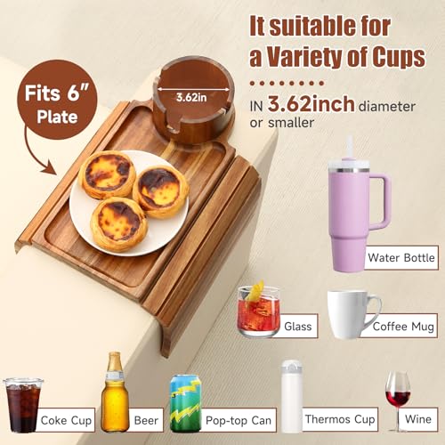 SINWANT Couch Cup Holder Tray,Acacia Wood Sofa Arm Clip on Tray Table with 360° Rotation Cup Holder,Foldable Anti-Slip Couch Armrest Table for Coffee Mug,Water Bottles,Snacks,Remote on Large Armrest - color: Acacia Wood
