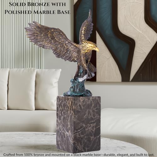 13.8 in-Bronze Swooping Eagle Catching Fish Sculpture – American Bald Eagle Statue with Marble Base, Wildlife Bronze Figurine for Home Decor, Office, Gallery, Gifts and Collectors