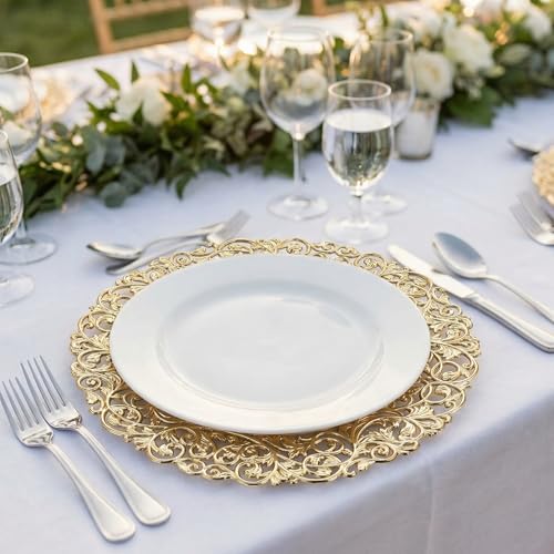 13inch Round Gold Charger Plates,Plastic Plate Chargers Set of 8,Chargers for Dinner Plates,Gold Plates for Wedding,Party,Event Decoration - color: Hollow Gold